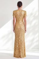 Laden Sie das Bild in den Galerie-Viewer, Glitzernde Meerjungfrau, goldene Rundhals-Pailletten, langes Mutter-der-Braut-Kleid