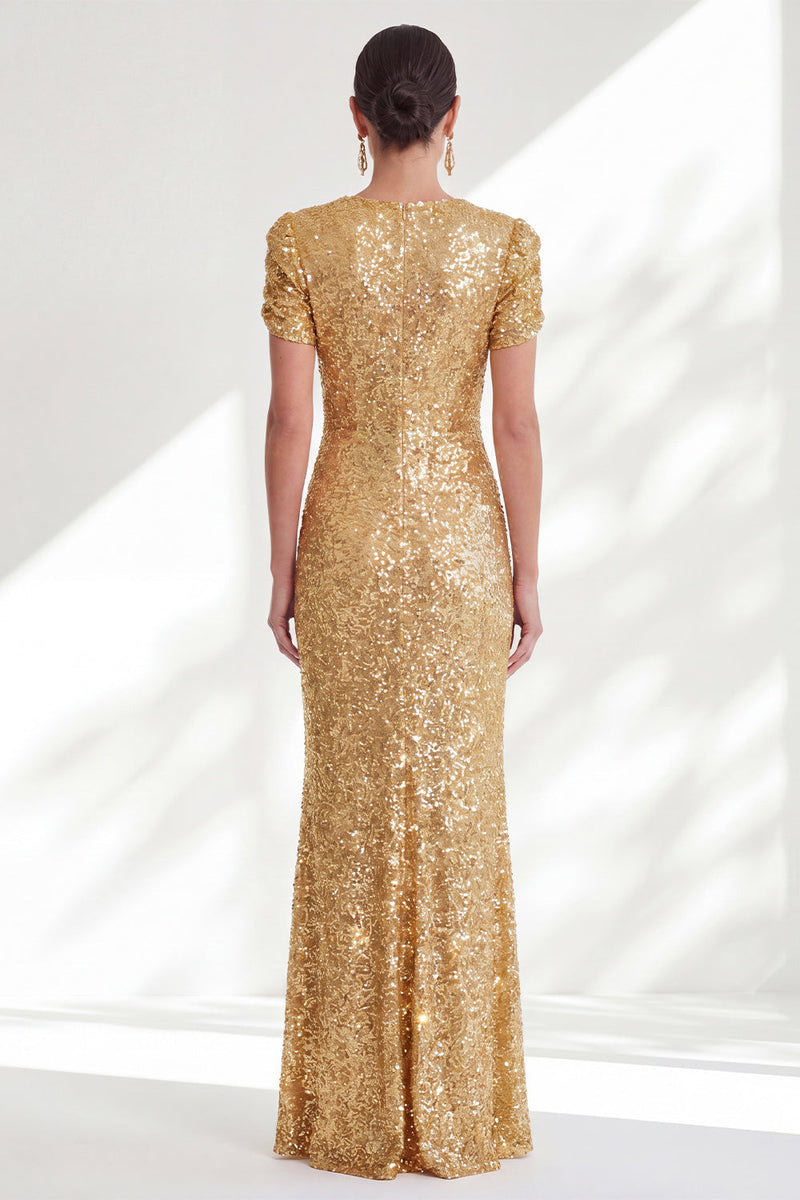 Laden Sie das Bild in den Galerie-Viewer, Glitzernde Meerjungfrau, goldene Rundhals-Pailletten, langes Mutter-der-Braut-Kleid