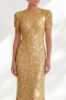 Laden Sie das Bild in den Galerie-Viewer, Glitzernde Meerjungfrau, goldene Rundhals-Pailletten, langes Mutter-der-Braut-Kleid