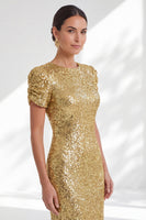 Laden Sie das Bild in den Galerie-Viewer, Glitzernde Meerjungfrau, goldene Rundhals-Pailletten, langes Mutter-der-Braut-Kleid