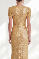Laden Sie das Bild in den Galerie-Viewer, Glitzernde Meerjungfrau, goldene Rundhals-Pailletten, langes Mutter-der-Braut-Kleid