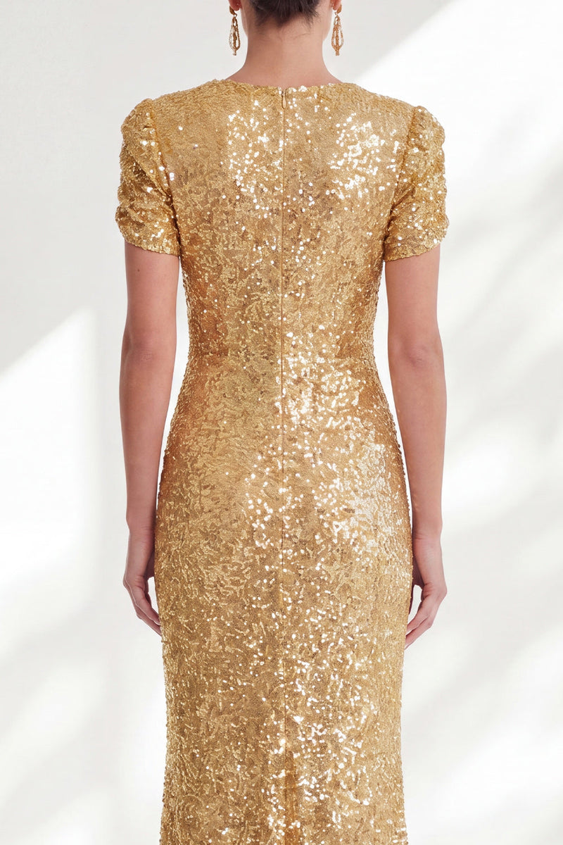 Laden Sie das Bild in den Galerie-Viewer, Glitzernde Meerjungfrau, goldene Rundhals-Pailletten, langes Mutter-der-Braut-Kleid