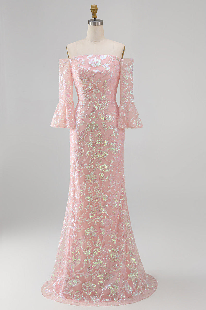 Laden Sie das Bild in den Galerie-Viewer, Glitzerndes Rouge mit abseits der Schulter gestickte Pailletten Meerjungfrauen-Festkleid mit 3/4 Ärmeln