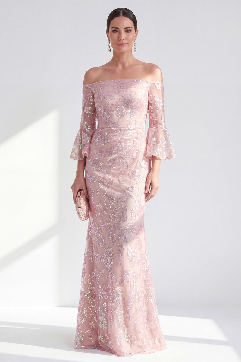 Laden Sie das Bild in den Galerie-Viewer, Glitzerndes Meerjungfrauen-Rouge von den Schultern, Pailletten langes Mutter-der-der-Braut-Kleid