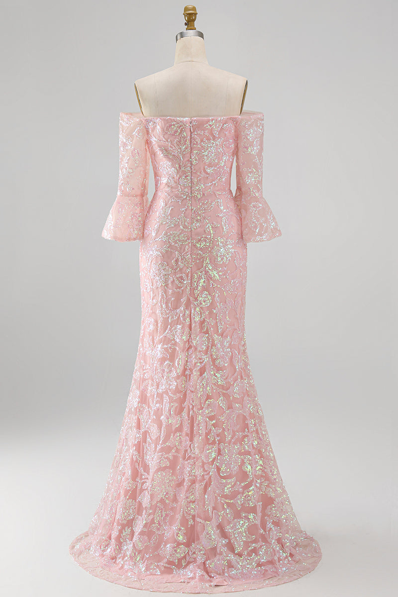Laden Sie das Bild in den Galerie-Viewer, Glitzerndes Meerjungfrauen Blush Von den Schultern Pailletten Langes Mutter der Braut Kleid