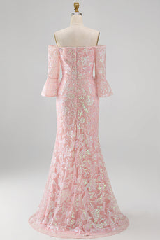 Glitzerndes Blush mit abseits der Schulter gestickte Pailletten Meerjungfrauen Festkleid mit 3/4 Ärmeln