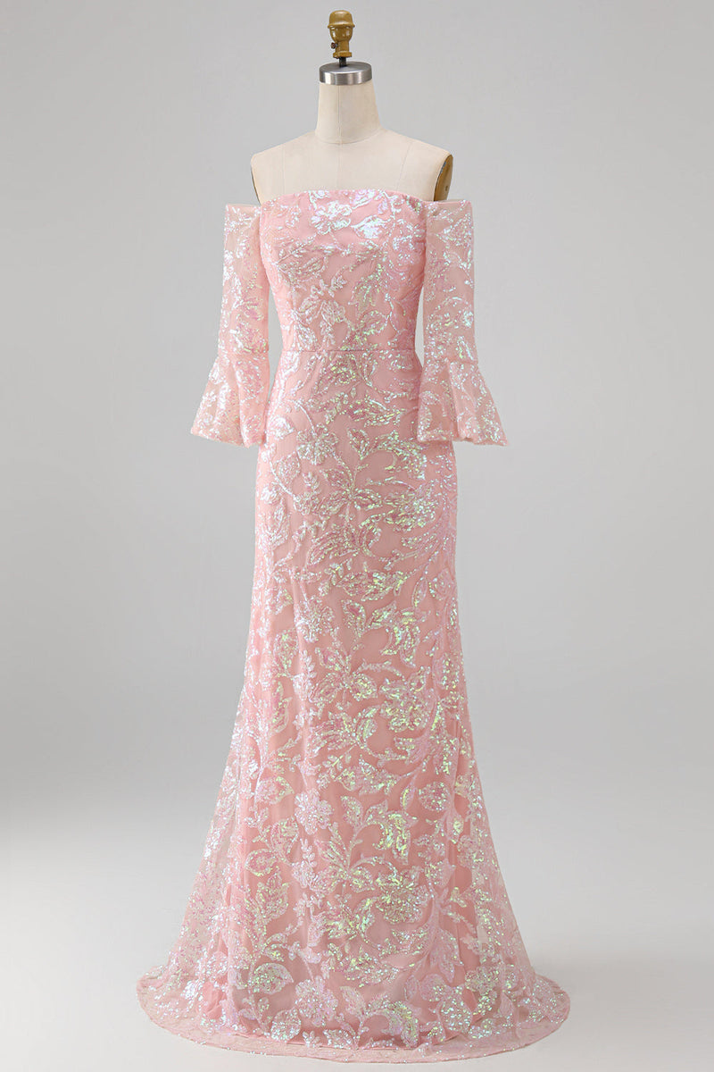 Laden Sie das Bild in den Galerie-Viewer, Glitzerndes Rouge mit abseits der Schulter gestickte Pailletten Meerjungfrauen-Festkleid mit 3/4 Ärmeln