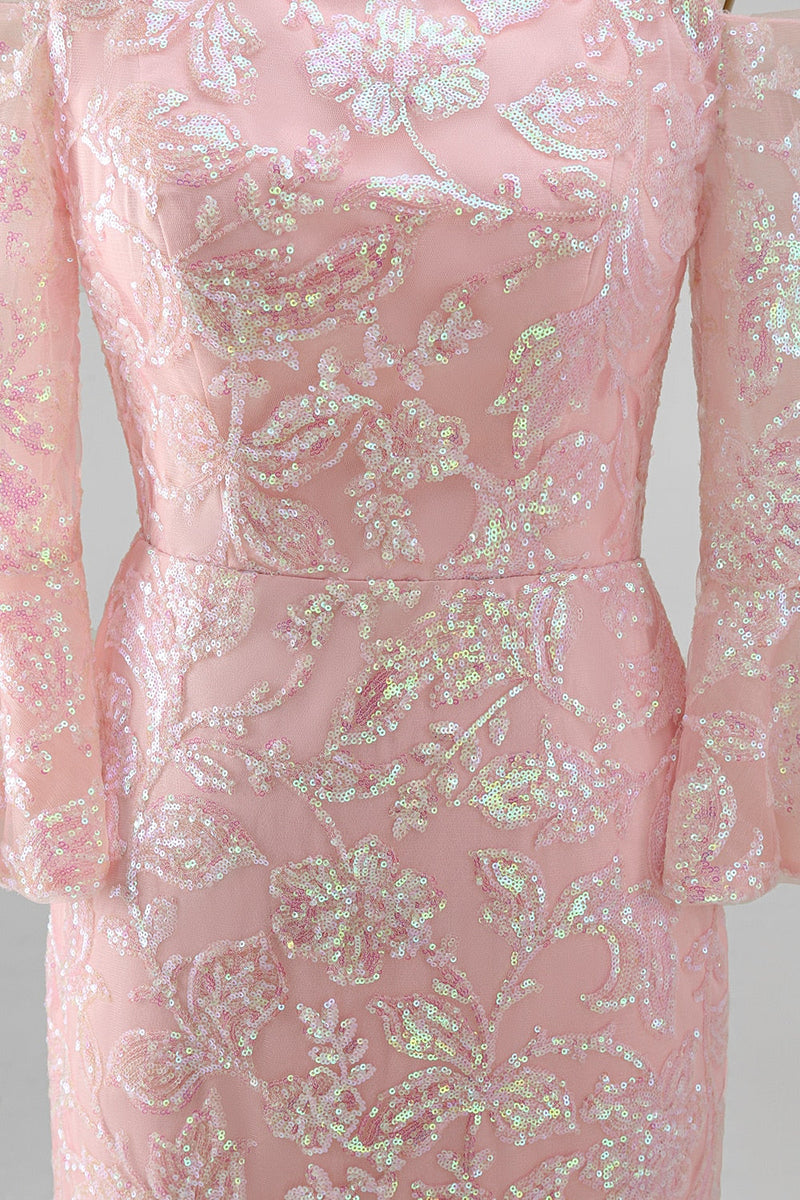 Laden Sie das Bild in den Galerie-Viewer, Glitzerndes Rouge mit abseits der Schulter gestickte Pailletten Meerjungfrauen-Festkleid mit 3/4 Ärmeln