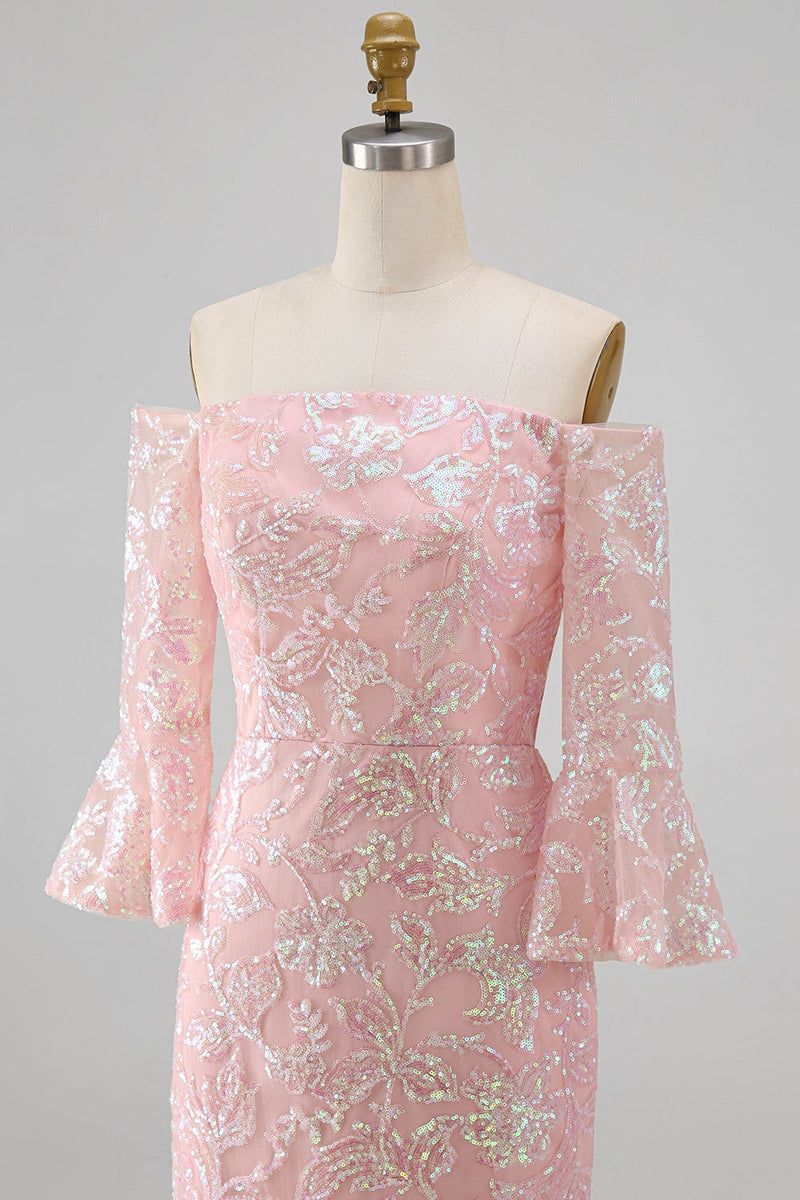 Laden Sie das Bild in den Galerie-Viewer, Glitzerndes Rouge mit abseits der Schulter gestickte Pailletten Meerjungfrauen-Festkleid mit 3/4 Ärmeln