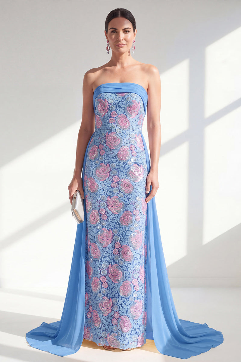 Laden Sie das Bild in den Galerie-Viewer, Glitzernde Meerjungfrauenblaue strapless Pailletten Lange Mutter der Braut Kleid mit Umhang