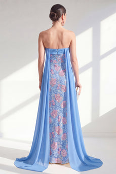 Glitzernde Meerjungfrauenblaue strapless Pailletten Lange Mutter der Braut Kleid mit Umhang