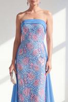 Laden Sie das Bild in den Galerie-Viewer, Glitzernde Meerjungfrauenblaue strapless Pailletten Lange Mutter der Braut Kleid mit Umhang