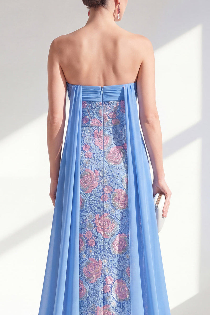 Laden Sie das Bild in den Galerie-Viewer, Glitzernde Meerjungfrauenblaue strapless Pailletten Lange Mutter der Braut Kleid mit Umhang