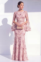 Laden Sie das Bild in den Galerie-Viewer, Blush-Meerjungfrauen-Rundhals-Langes Mutter-der-der-Braut-Kleid mit langen Ärmeln