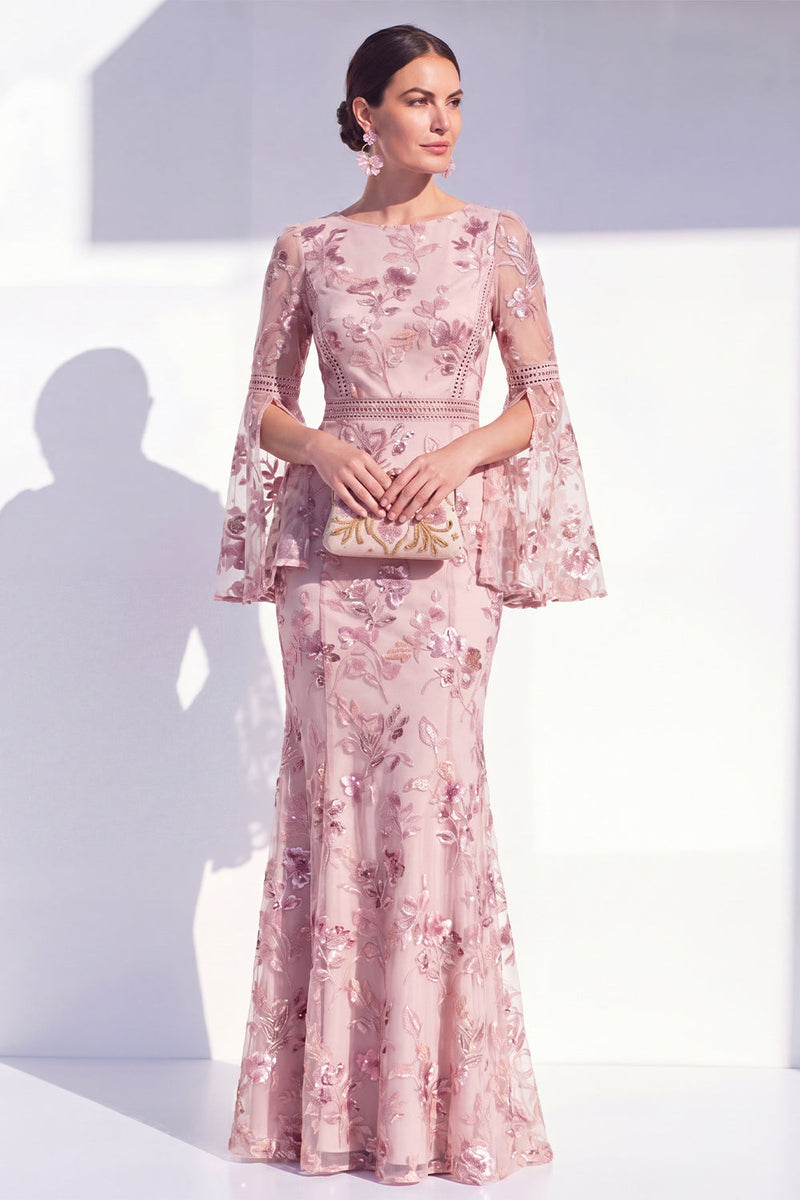 Laden Sie das Bild in den Galerie-Viewer, Blush-Meerjungfrauen-Rundhals-Langes Mutter-der-der-Braut-Kleid mit langen Ärmeln