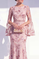 Laden Sie das Bild in den Galerie-Viewer, Blush-Meerjungfrauen-Rundhals-Langes Mutter-der-der-Braut-Kleid mit langen Ärmeln