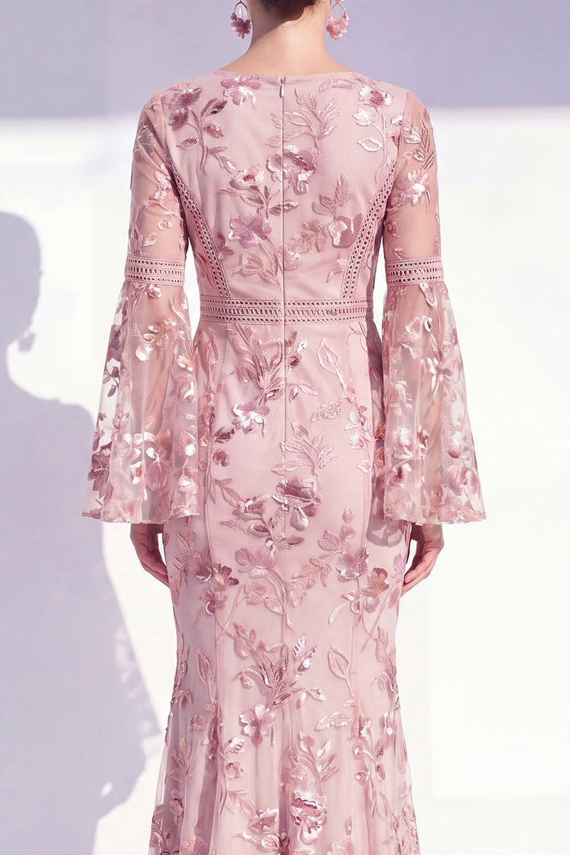 Laden Sie das Bild in den Galerie-Viewer, Blush-Meerjungfrauen-Rundhals-Langes Mutter-der-der-Braut-Kleid mit langen Ärmeln