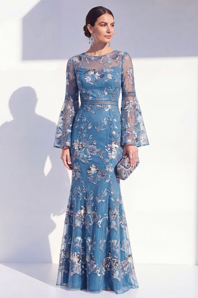 Laden Sie das Bild in den Galerie-Viewer, Blush-Meerjungfrauen-Rundhals-Langes Mutter-der-der-Braut-Kleid mit langen Ärmeln