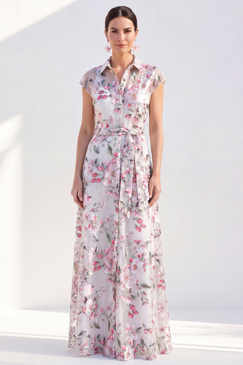 Laden Sie das Bild in den Galerie-Viewer, Weißes A-Linien-Blumen-Langkleid der Braut mit Gürtel