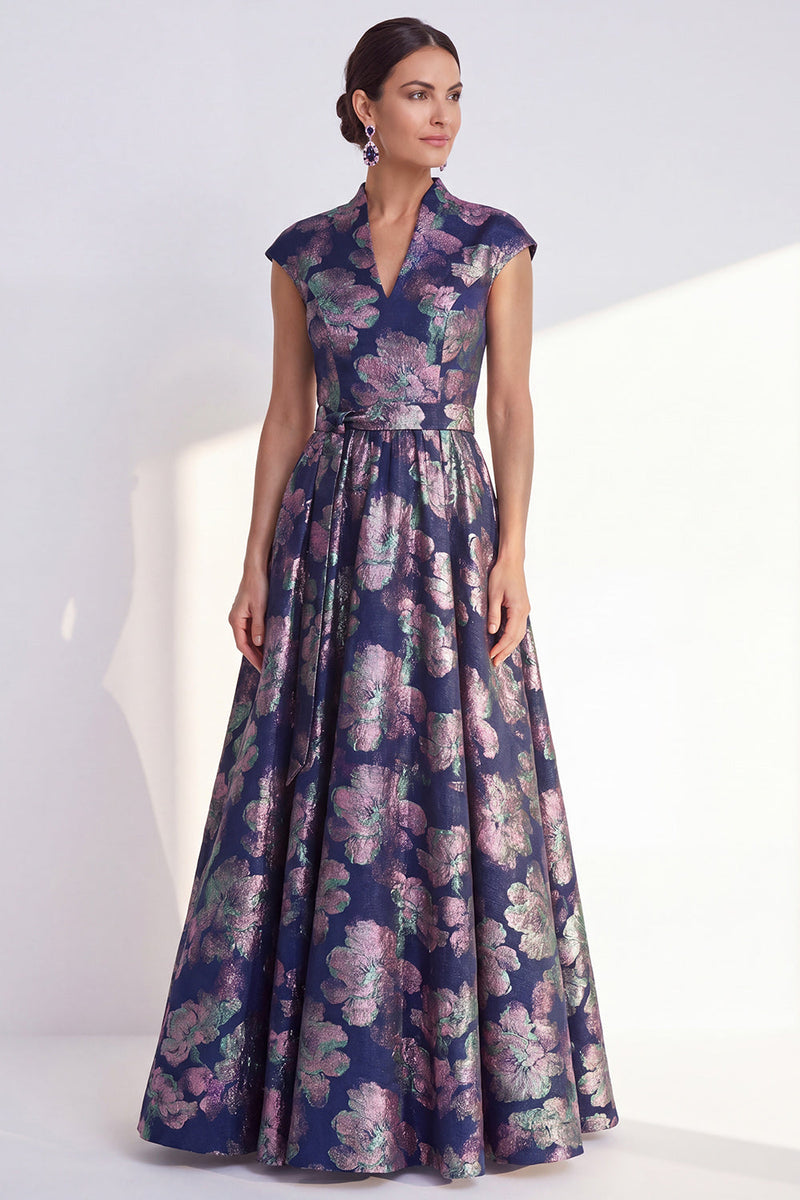 Laden Sie das Bild in den Galerie-Viewer, Marineblaues A-Linie-Blumenkleid mit V-Ausschnitt und langem Mutter-der-Braut-Kleid mit Mützenärmeln