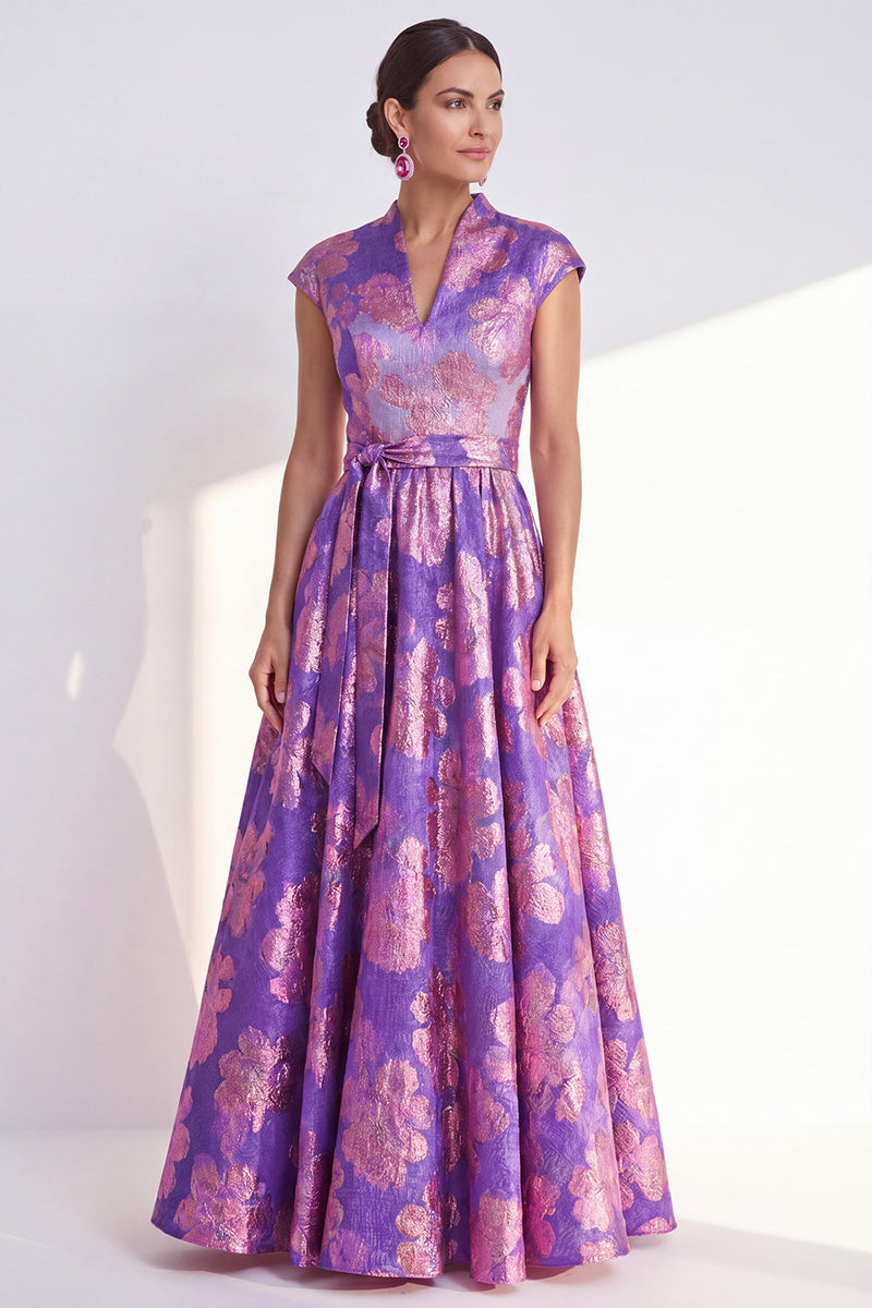 Laden Sie das Bild in den Galerie-Viewer, Marineblaues A-Linie-Blumenkleid mit V-Ausschnitt und langem Mutter-der-Braut-Kleid mit Mützenärmeln