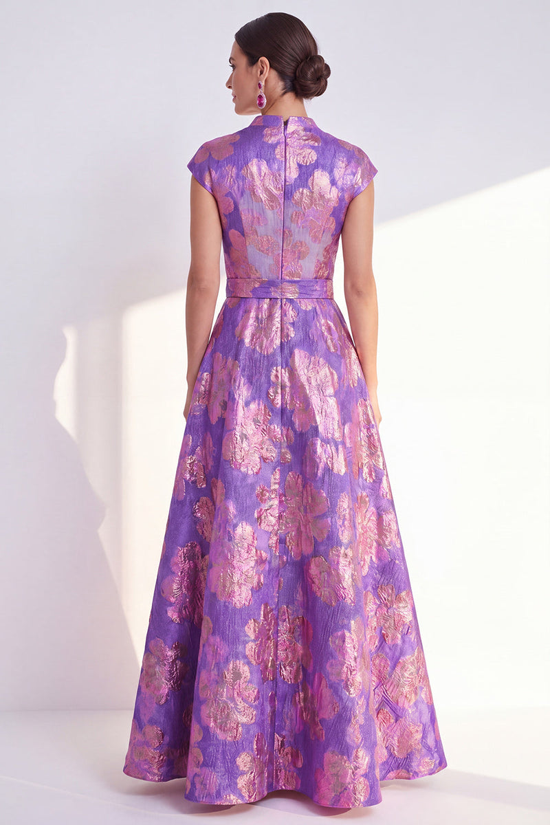 Laden Sie das Bild in den Galerie-Viewer, Marineblaues A-Linie-Blumenkleid mit V-Ausschnitt und langem Mutter-der-Braut-Kleid mit Mützenärmeln