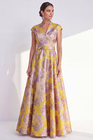 Laden Sie das Bild in den Galerie-Viewer, Marineblaues A-Linie-Blumenkleid mit V-Ausschnitt und langem Mutter-der-Braut-Kleid mit Mützenärmeln