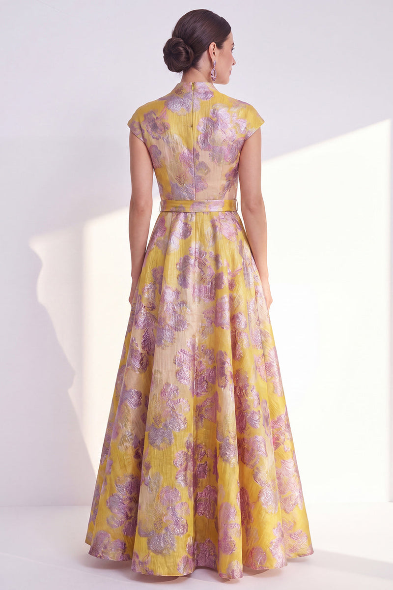 Laden Sie das Bild in den Galerie-Viewer, Marineblaues A-Linie-Blumenkleid mit V-Ausschnitt und langem Mutter-der-Braut-Kleid mit Mützenärmeln
