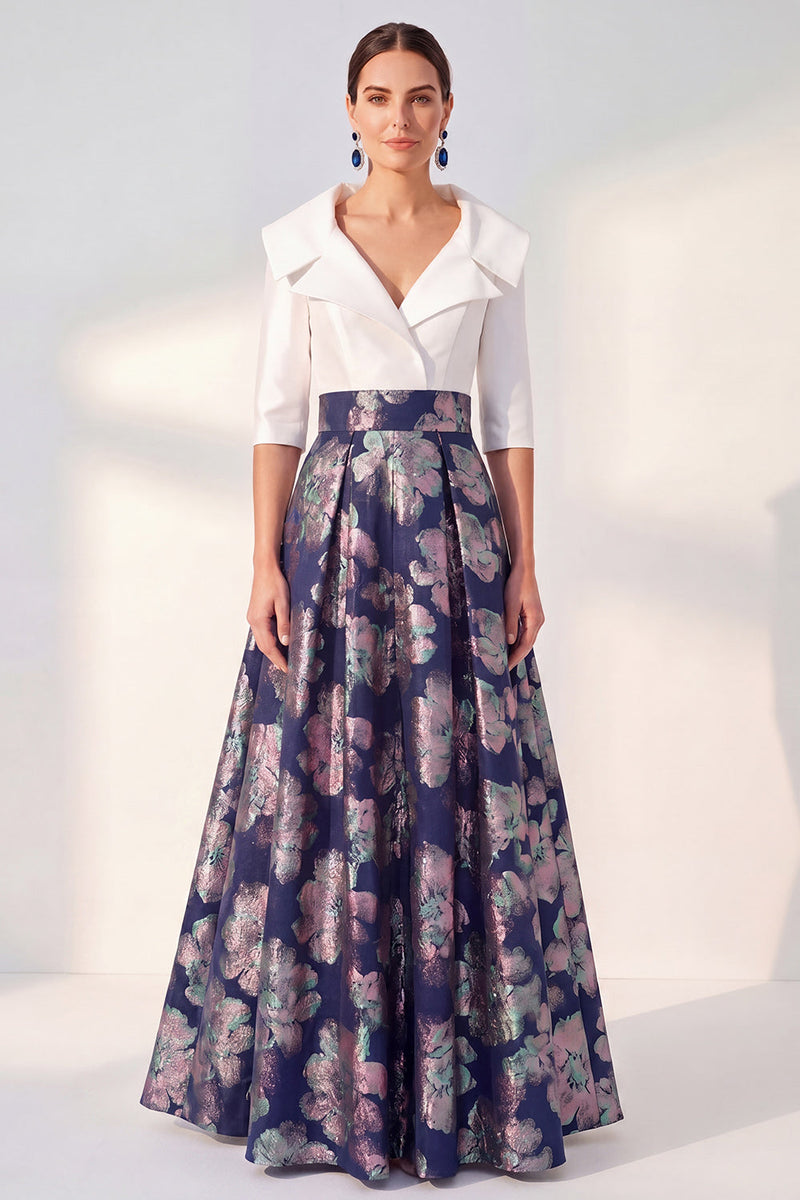 Laden Sie das Bild in den Galerie-Viewer, A-Line marineblaues Blumenkleid der Mutter der Braut mit 3/4 Ärmeln