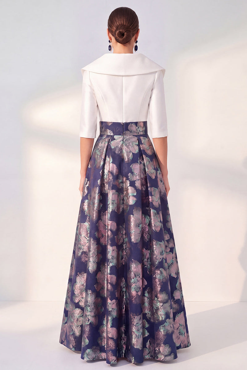Laden Sie das Bild in den Galerie-Viewer, A-Line marineblaues Blumenkleid der Mutter der Braut mit 3/4 Ärmeln