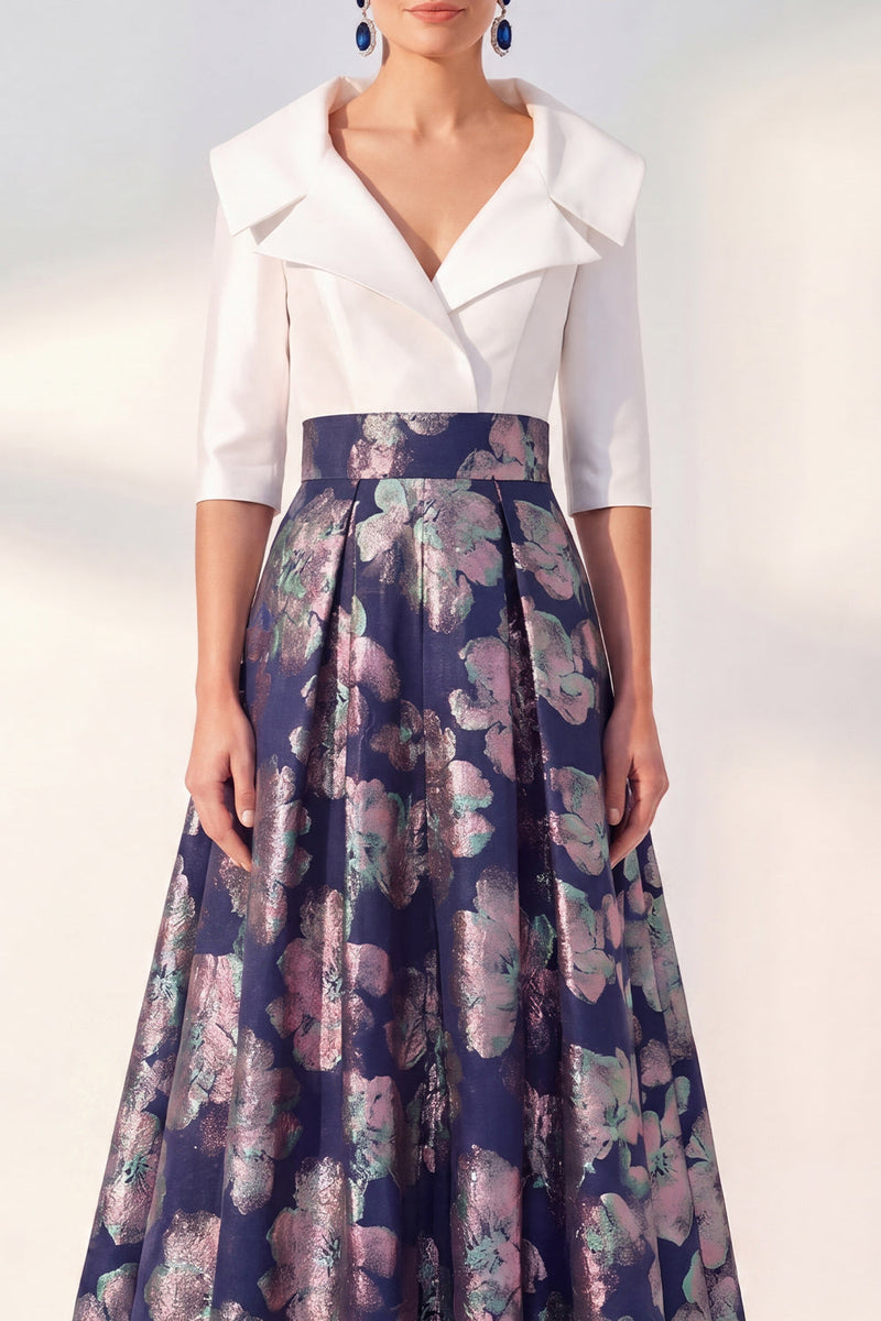 Laden Sie das Bild in den Galerie-Viewer, A-Line marineblaues Blumenkleid der Mutter der Braut mit 3/4 Ärmeln