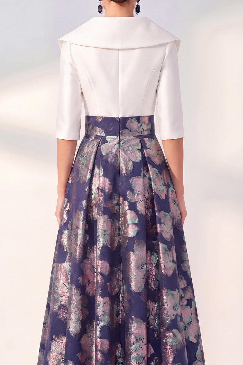 Laden Sie das Bild in den Galerie-Viewer, A-Line marineblaues Blumenkleid der Mutter der Braut mit 3/4 Ärmeln