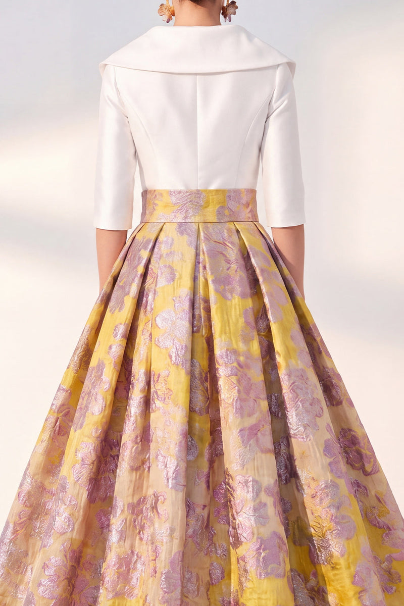 Laden Sie das Bild in den Galerie-Viewer, A-Line marineblaues Blumenkleid der Mutter der Braut mit 3/4 Ärmeln