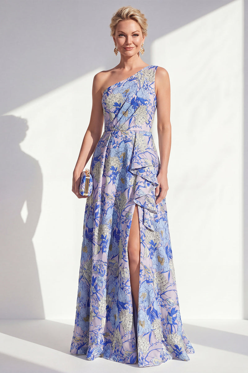 Laden Sie das Bild in den Galerie-Viewer, Ein Schulter, blaues A-Linie-Muster mit Blumenrüschen und langem Mutter-der-Braut-Kleid mit Schlitz