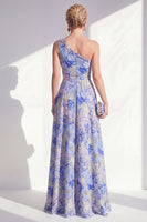Laden Sie das Bild in den Galerie-Viewer, Ein Schulter, blaues A-Linie-Muster mit Blumenrüschen und langem Mutter-der-Braut-Kleid mit Schlitz