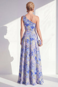 Ein Schulter, blaues A-Linie-Muster mit Blumenrüschen und langem Mutter-der-Braut-Kleid mit Schlitz