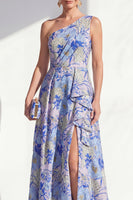 Laden Sie das Bild in den Galerie-Viewer, Ein Schulter, blaues A-Linie-Muster mit Blumenrüschen und langem Mutter-der-Braut-Kleid mit Schlitz