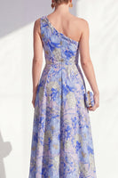 Laden Sie das Bild in den Galerie-Viewer, Ein Schulter, blaues A-Linie-Muster mit Blumenrüschen und langem Mutter-der-Braut-Kleid mit Schlitz
