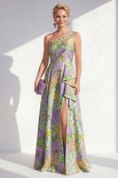 Laden Sie das Bild in den Galerie-Viewer, Ein Schulter, blaues A-Linie-Muster mit Blumenrüschen und langem Mutter-der-Braut-Kleid mit Schlitz