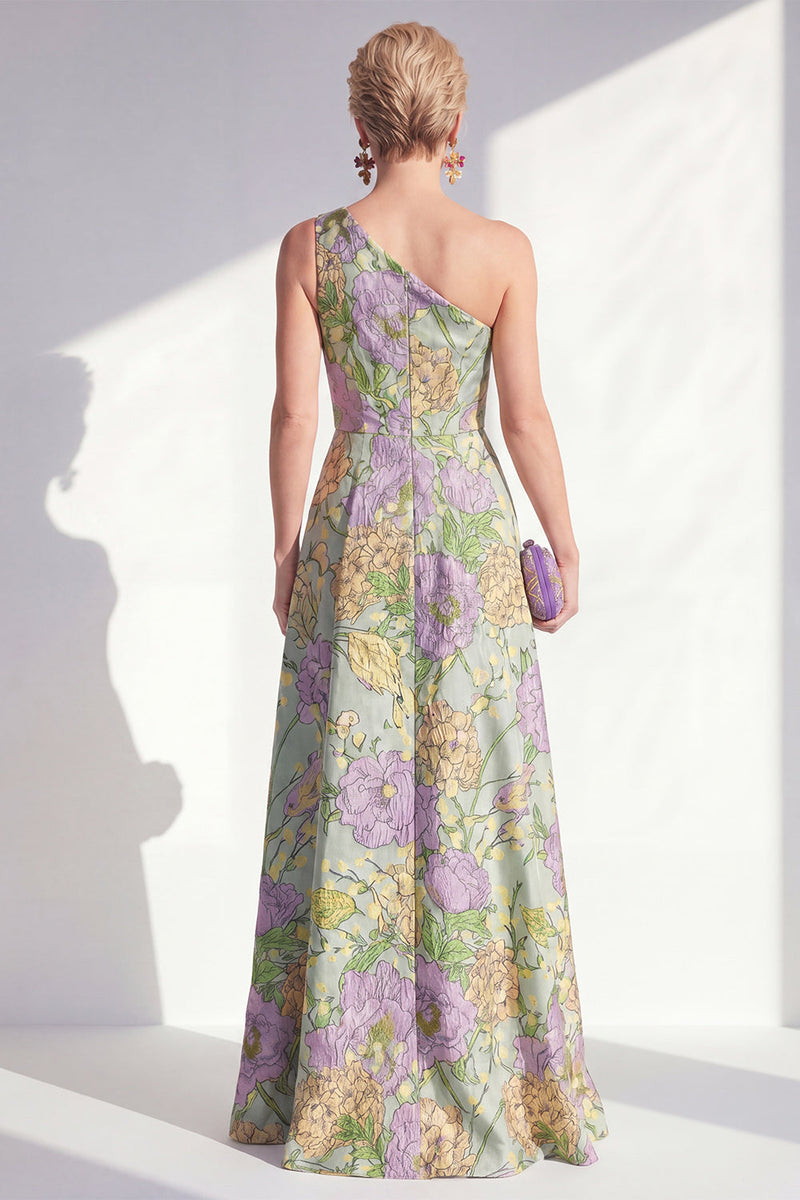 Laden Sie das Bild in den Galerie-Viewer, Ein Schulter, blaues A-Linie-Muster mit Blumenrüschen und langem Mutter-der-Braut-Kleid mit Schlitz