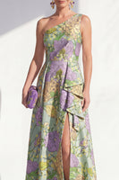 Laden Sie das Bild in den Galerie-Viewer, Ein Schulter, blaues A-Linie-Muster mit Blumenrüschen und langem Mutter-der-Braut-Kleid mit Schlitz