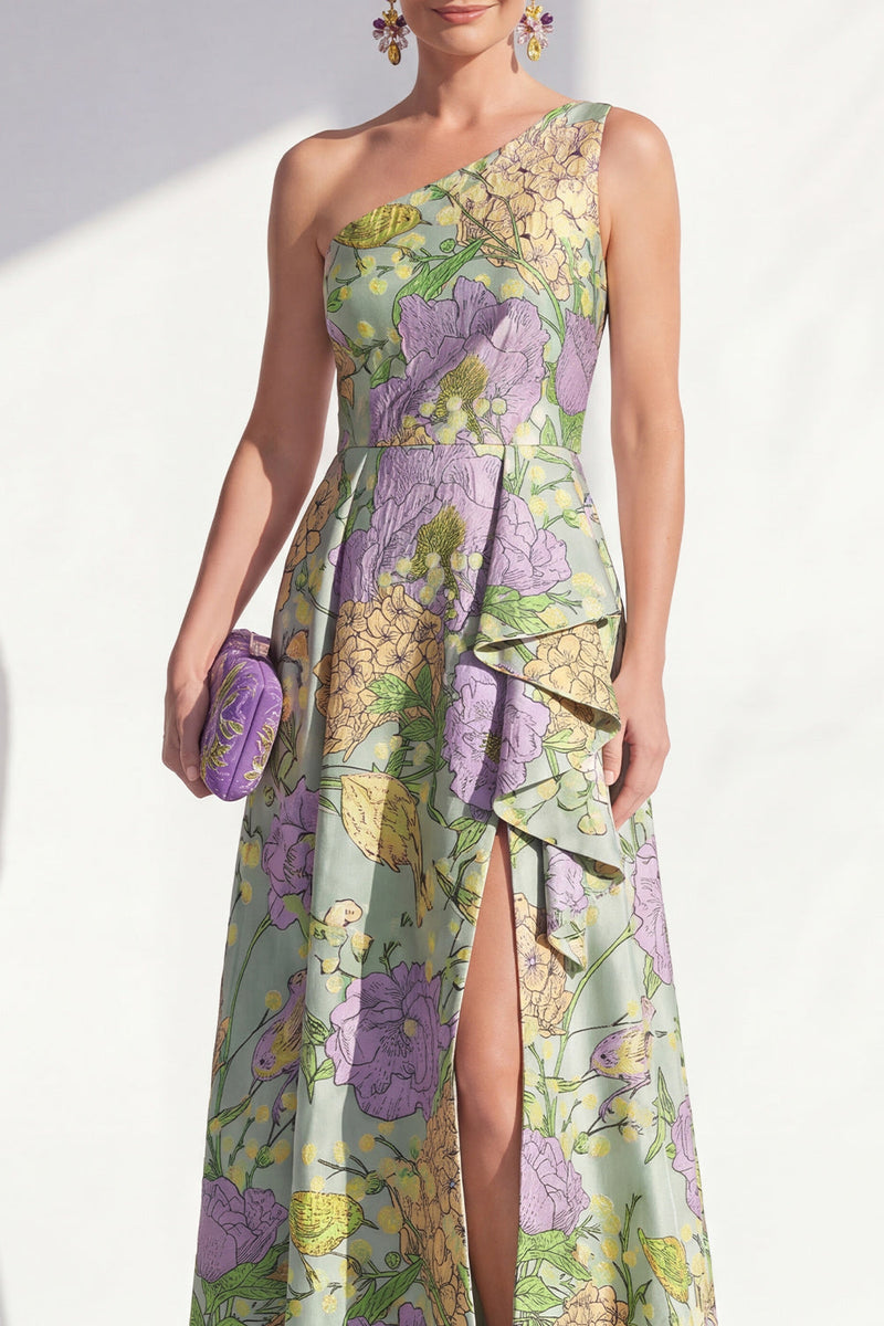Laden Sie das Bild in den Galerie-Viewer, Ein Schulter, blaues A-Linie-Muster mit Blumenrüschen und langem Mutter-der-Braut-Kleid mit Schlitz