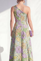 Laden Sie das Bild in den Galerie-Viewer, Ein Schulter, blaues A-Linie-Muster mit Blumenrüschen und langem Mutter-der-Braut-Kleid mit Schlitz