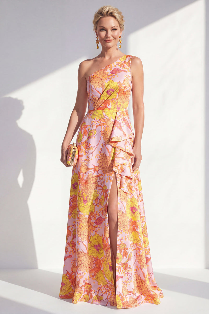 Laden Sie das Bild in den Galerie-Viewer, Ein Schulter, blaues A-Linie-Muster mit Blumenrüschen und langem Mutter-der-Braut-Kleid mit Schlitz