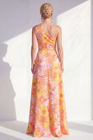 Laden Sie das Bild in den Galerie-Viewer, Ein Schulter, blaues A-Linie-Muster mit Blumenrüschen und langem Mutter-der-Braut-Kleid mit Schlitz