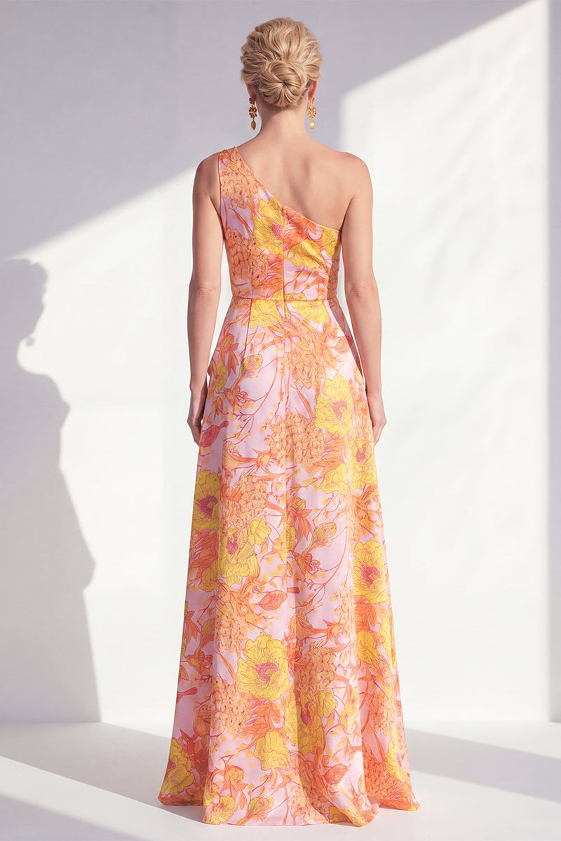 Laden Sie das Bild in den Galerie-Viewer, Ein Schulter, blaues A-Linie-Muster mit Blumenrüschen und langem Mutter-der-Braut-Kleid mit Schlitz