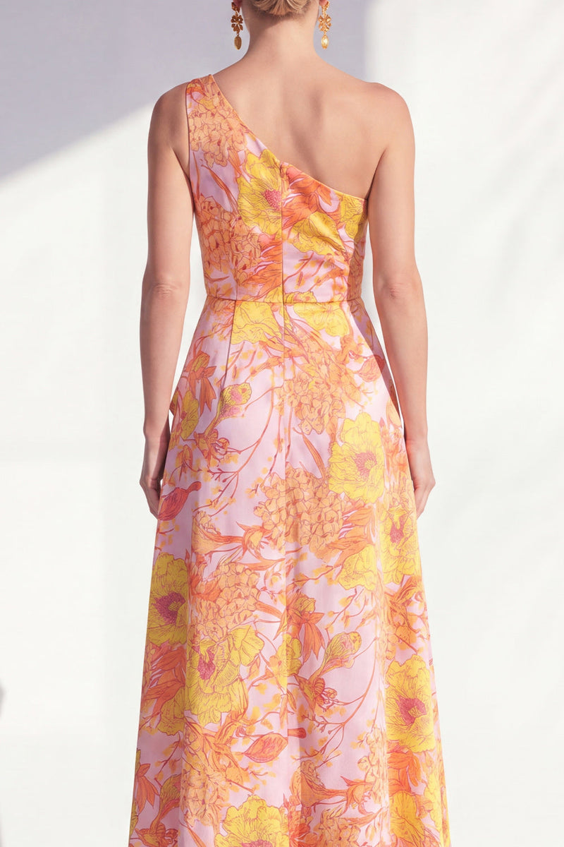 Laden Sie das Bild in den Galerie-Viewer, Ein Schulter, blaues A-Linie-Muster mit Blumenrüschen und langem Mutter-der-Braut-Kleid mit Schlitz