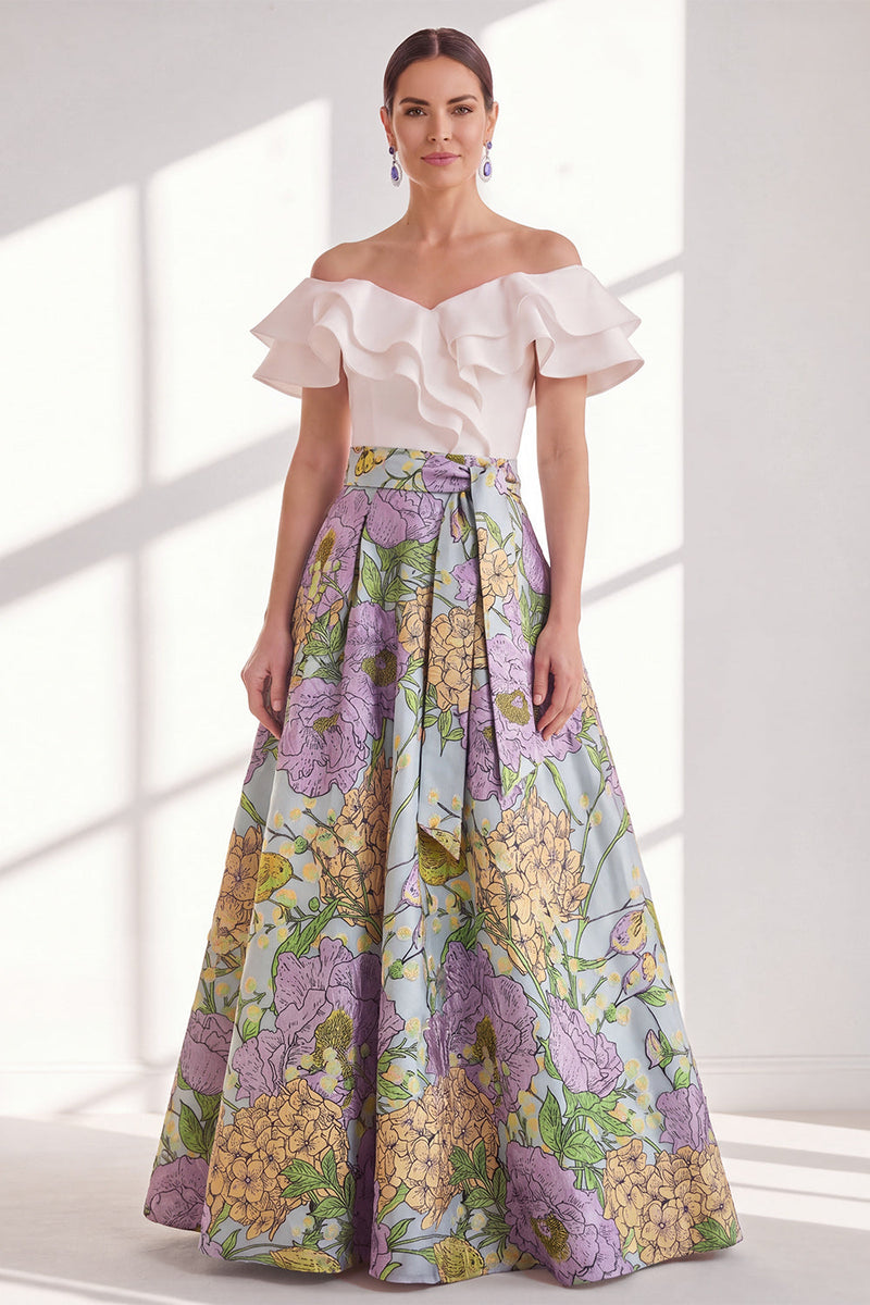Laden Sie das Bild in den Galerie-Viewer, Pink-blaues Blüten-A-Linie-Umrand von der Schulter mit Rüschen langes Mutter-der-der-Braut-Kleid mit Gürtel