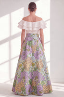 Laden Sie das Bild in den Galerie-Viewer, Pink-blaues Blüten-A-Linie-Umrand von der Schulter mit Rüschen langes Mutter-der-der-Braut-Kleid mit Gürtel