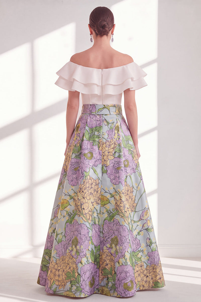 Laden Sie das Bild in den Galerie-Viewer, Pink-blaues Blüten-A-Linie-Umrand von der Schulter mit Rüschen langes Mutter-der-der-Braut-Kleid mit Gürtel